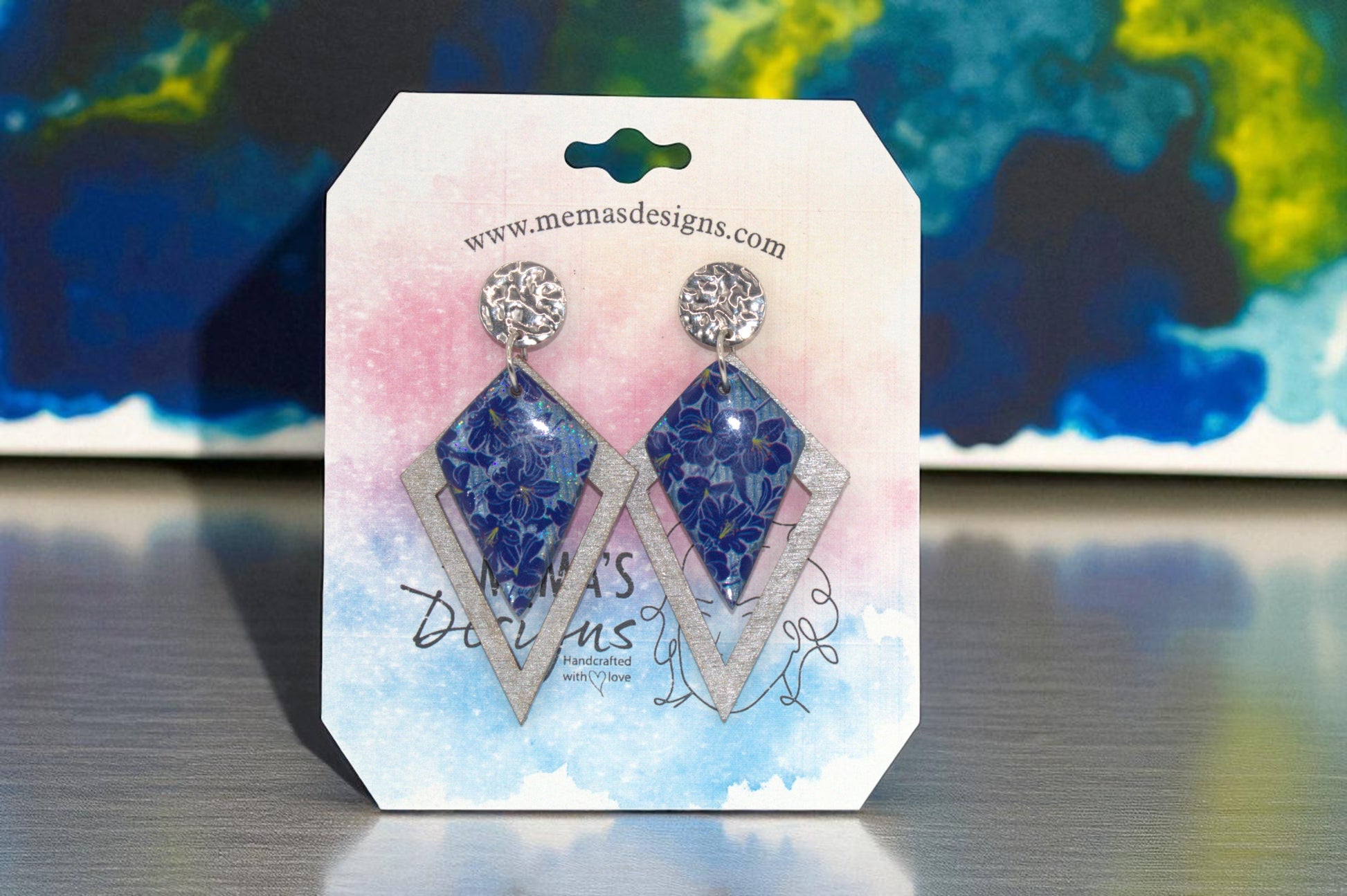 Handcrafted Wooden Blue and Silver flower earrings