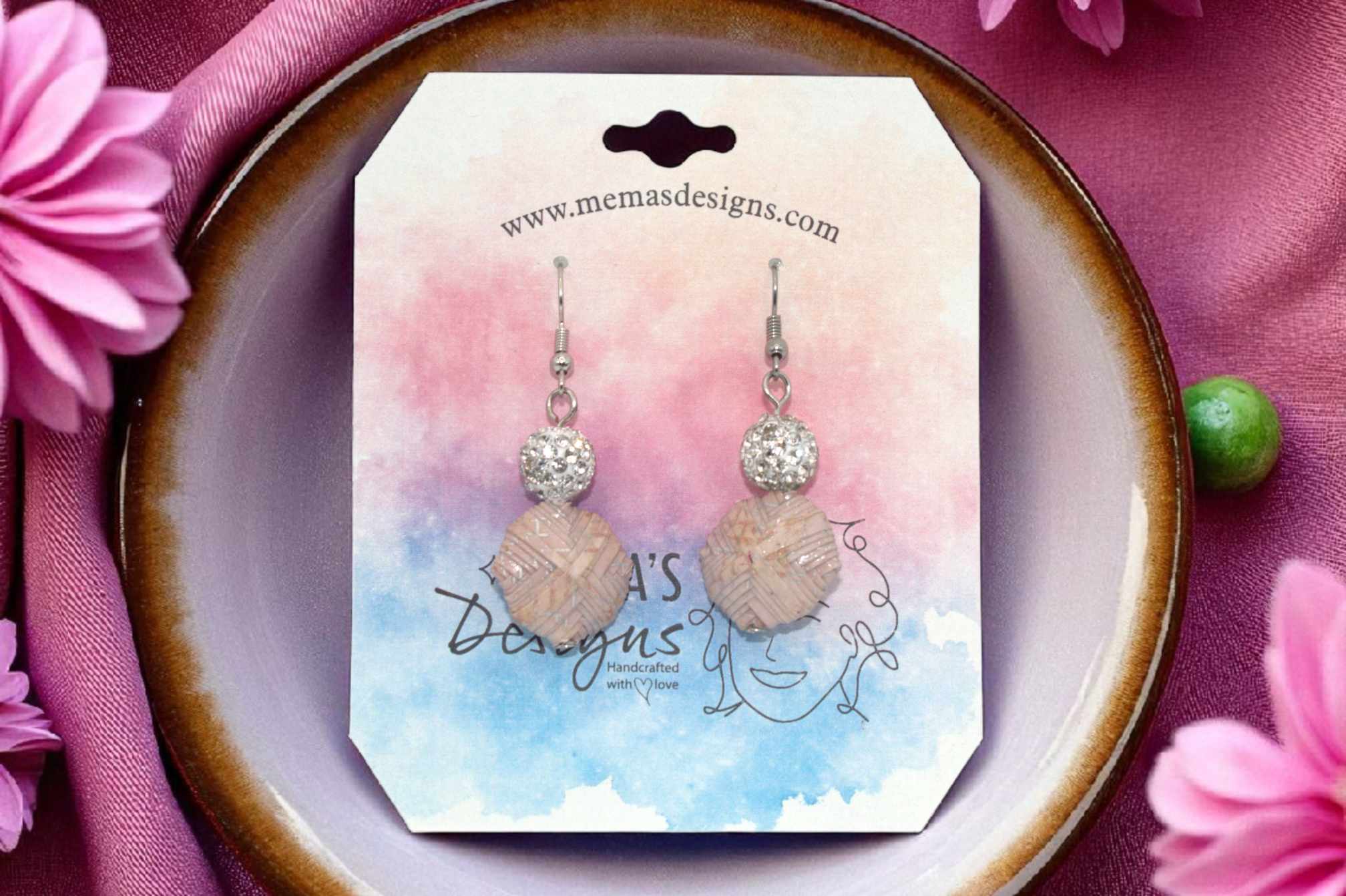 Handcrafted Pink and Silver Paper Pillow Bead Earrings