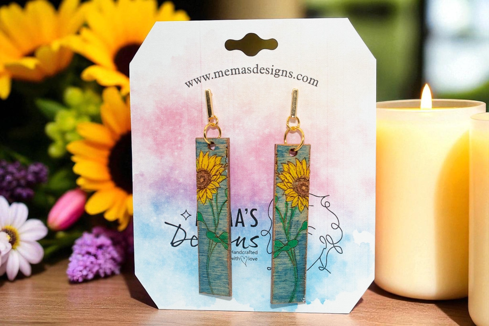 Blue Wood Sunflower Dangle