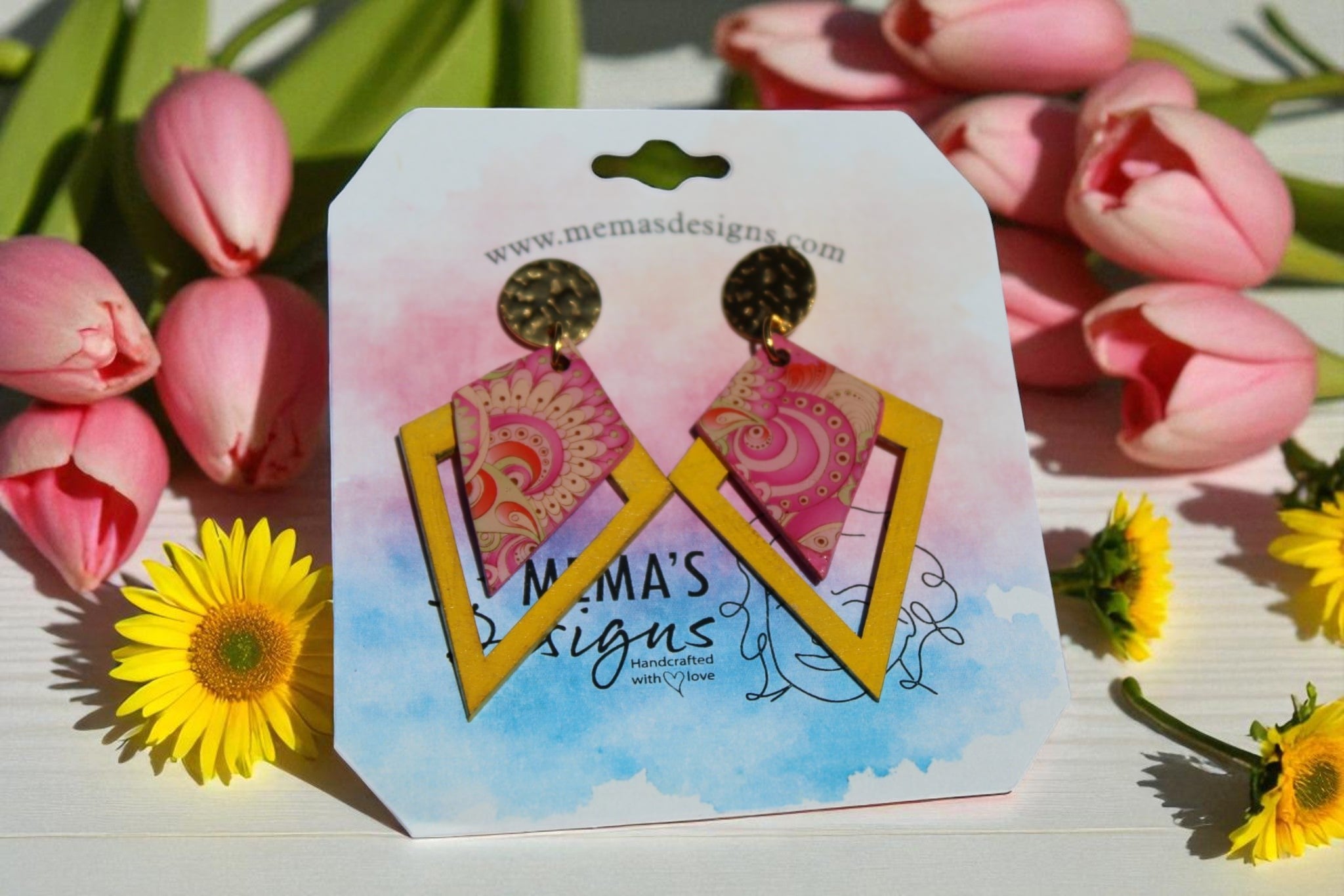 Yellow and Pink Wooden Post Earring