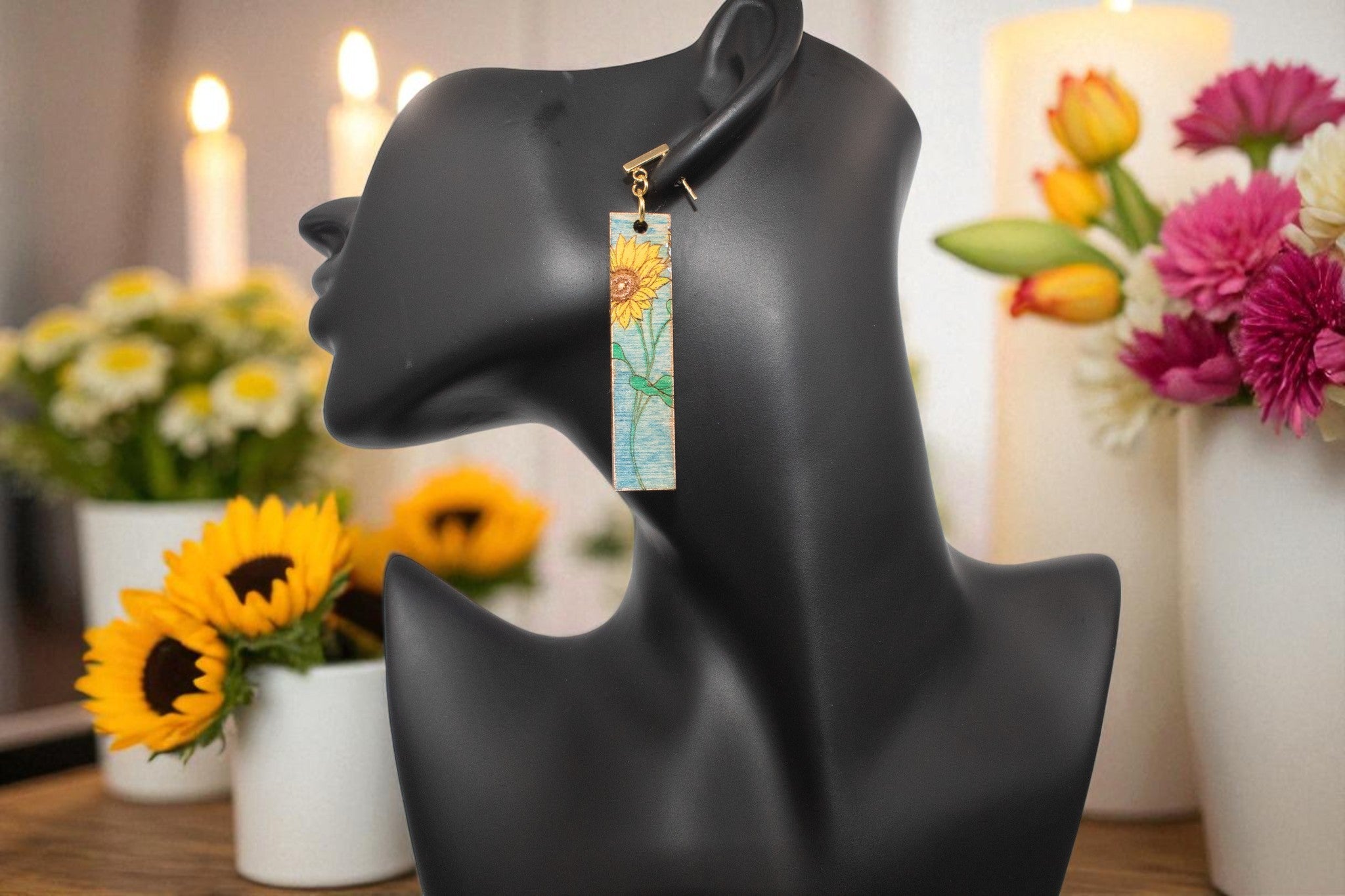 Blue Wood Sunflower Dangle