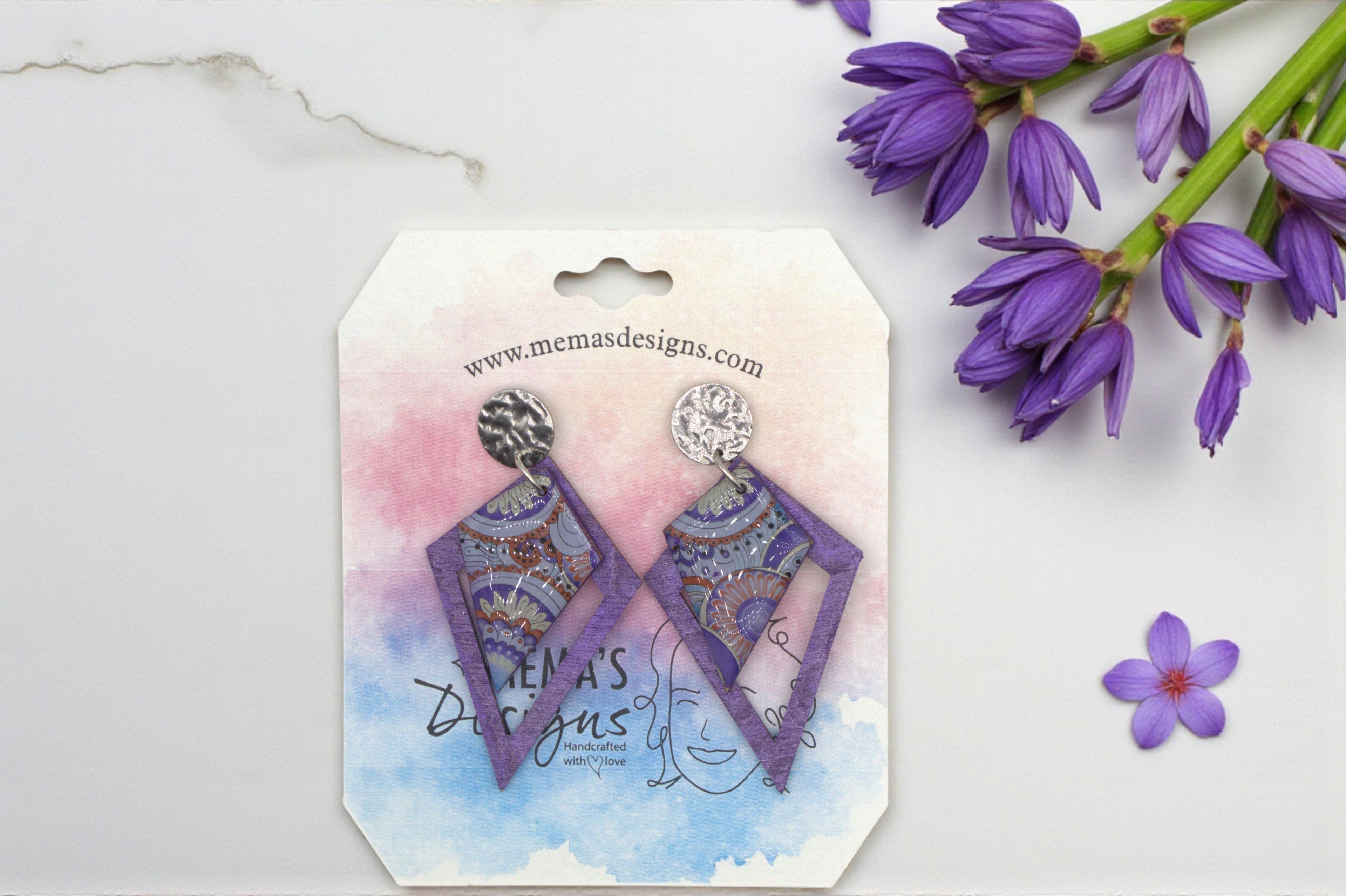 Handcrafted Wooden Purple Flower Post Earrings